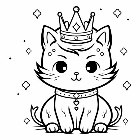 Black and White Cartoon Illustration of Cute Cat with Crown for