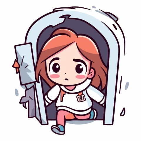 Cute little girl sitting in a tunnel. Vector cartoon illustratio