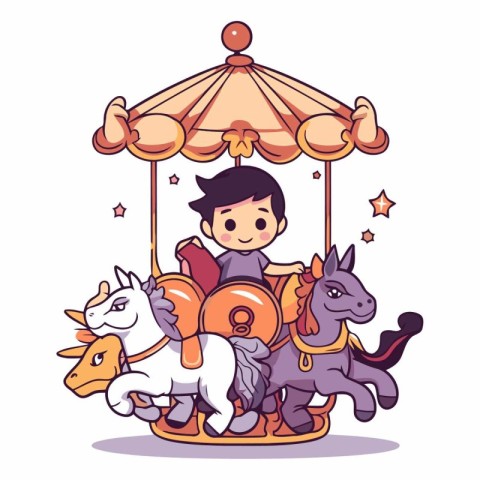 Cute boy riding on a merry go round.