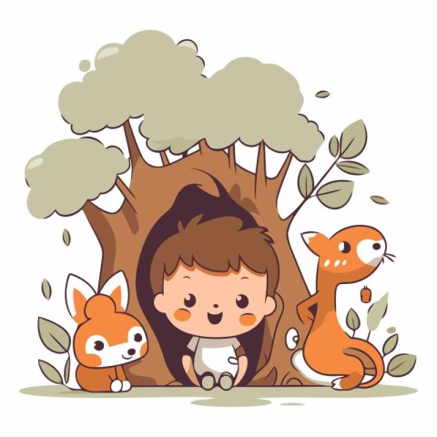 Cute little boy with animals in the forest.