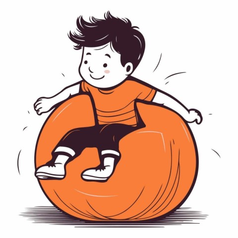 Boy in halloween costume sitting on pumpkin.