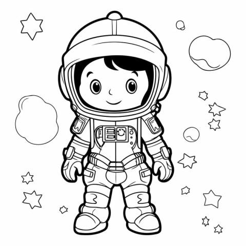 Cute astronaut boy cartoon in space suit for coloring book.