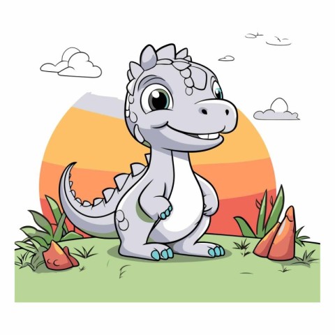 Cute cartoon dinosaur sitting on the grass for children.