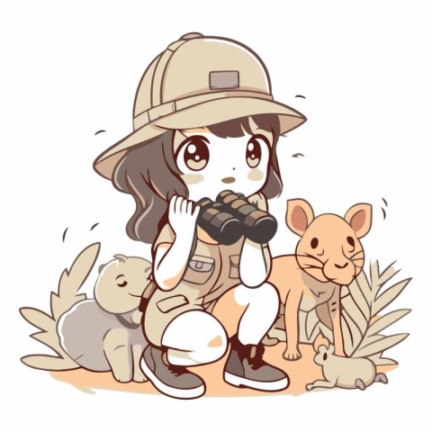 Illustration of a Cute Girl Holding a Binocular and Her Cats