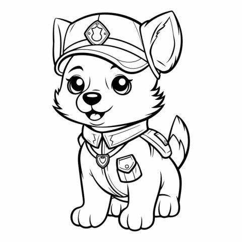 Black and White Cartoon Illustration of Cute Puppy Police Office