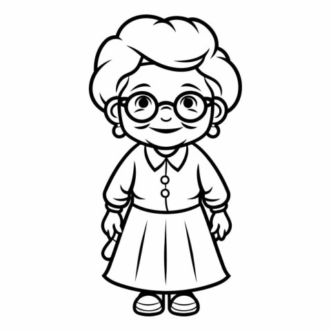 Cute Cartoon Grandmother - Black and White Vector Illustration.