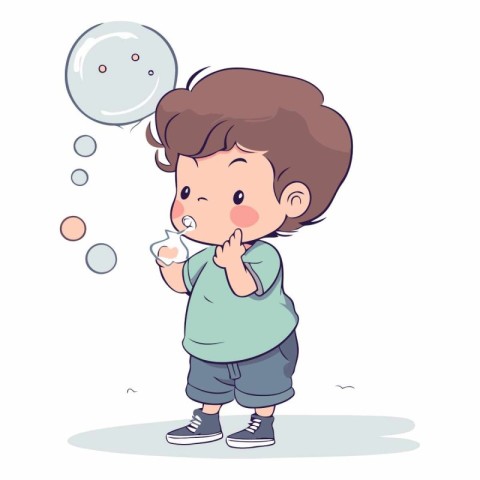 Cute boy blowing soap bubbles in cartoon style.