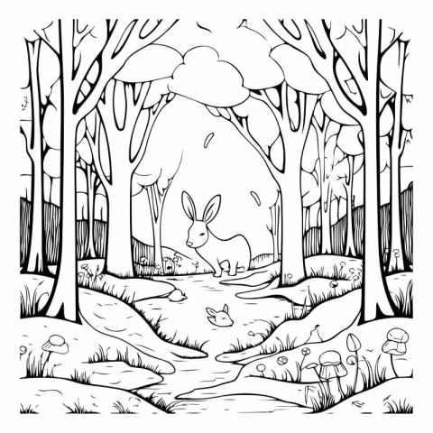 Rabbit in the forest. Black and white vector illustration for co