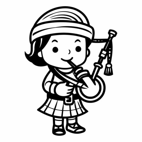 Girl playing the bagpipes - Black and White Cartoon Illustration