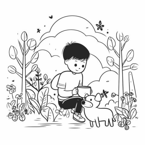 Boy playing with dog in the park in sketch style.