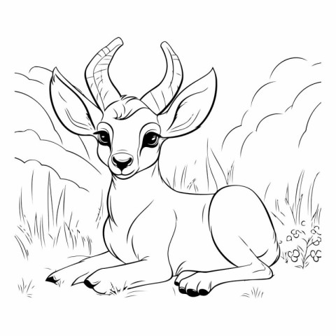 Antelope in the grass. Black and white vector illustration for c