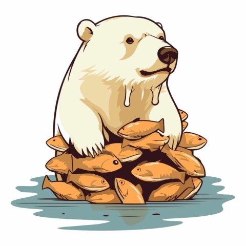 Polar bear sitting on a pile of seashells.