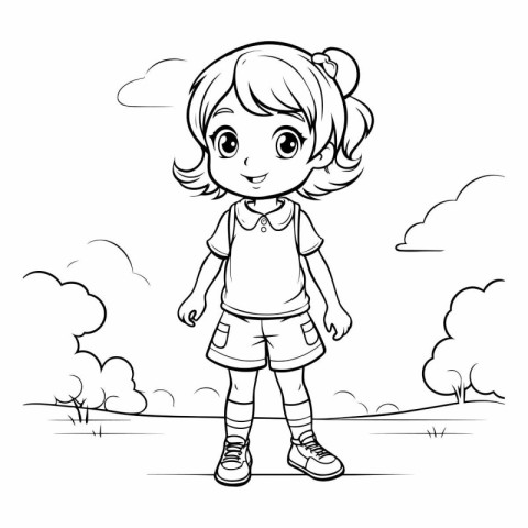 Cute little girl walking in the park for coloring book