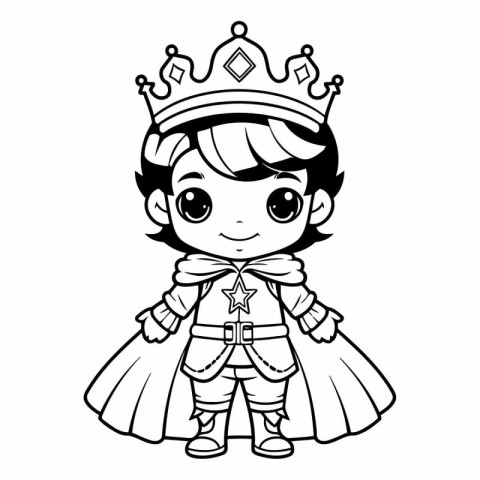 Cute little prince with crown. Black and white vector illustrati