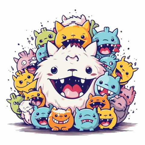 Funny cartoon cat with a lot of monsters.