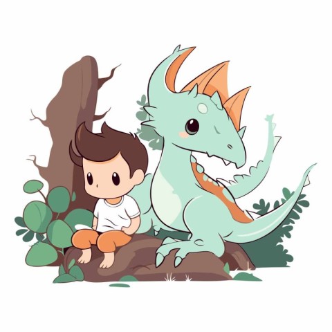 Little boy and a dinosaur in the forest on white background.