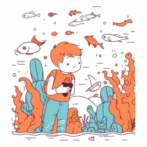 Cute little boy with smartphone and sea animals.