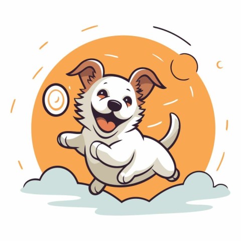 Cute cartoon dog jumping over the clouds in a flat style.