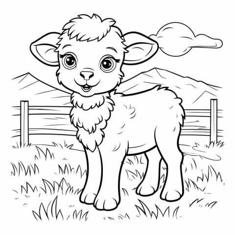 Black and White Cartoon Illustration of Cute Sheep Animal Charac