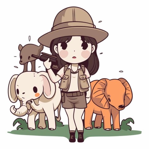 Cute girl in safari costume with animals.