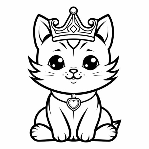 Black and White Cartoon Illustration of Cute Cat with Crown for