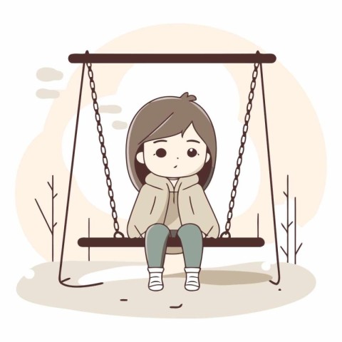 Little girl sitting on a swing in cartoon style.