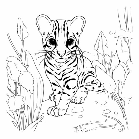 Cute tiger in the jungle. Coloring book for adults.