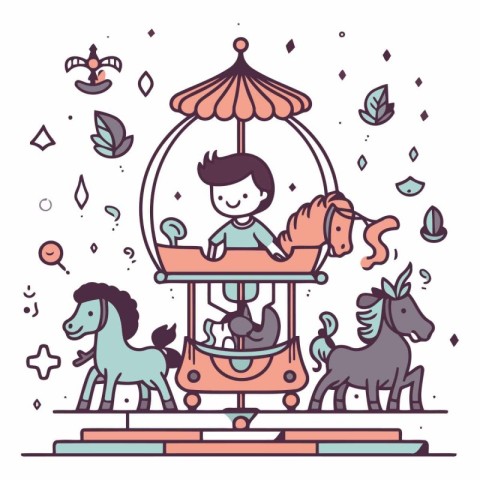 Cute little boy riding a carousel with horses.