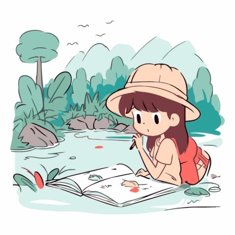 Illustration of a Girl Reading a Book by the River in the Park