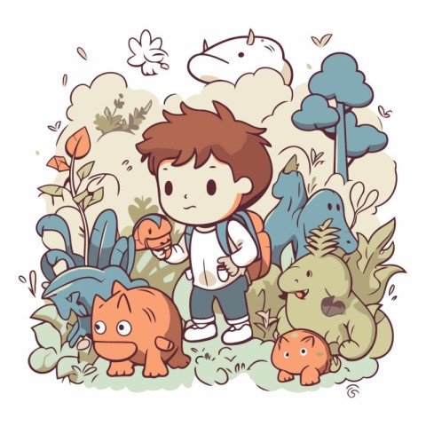 Vector illustration of a boy with a backpack and a group of dino