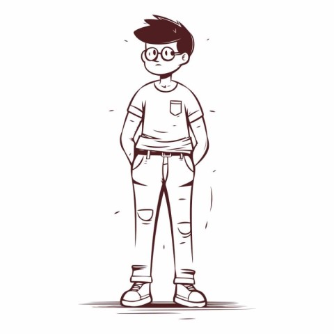 Vector sketch of a boy wearing glasses and standing on a white b