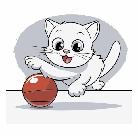 Cute white cat playing with a ball. Cartoon vector illustration.