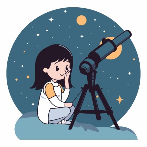 Cute little girl looking through a telescope at night