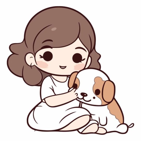 Illustration of a Cute Little Girl Hugging a Puppy