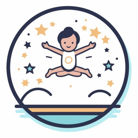 Vector illustration of happy baby boy jumping on the beach in th