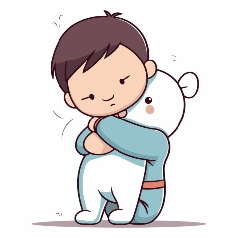 Cute little boy hugging a polar bear. Vector cartoon illustratio