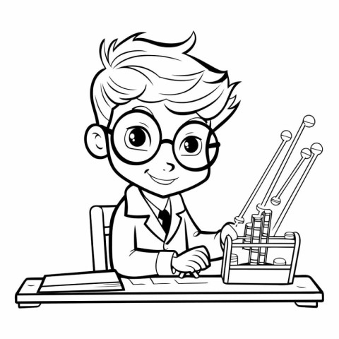 Black and White Cartoon Illustration of Cute Little Boy Student