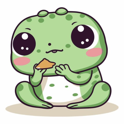 Cute cartoon frog eating a piece of bread.