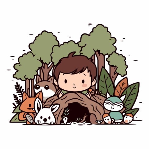 cute little boy with animals in the forest characters vector ill