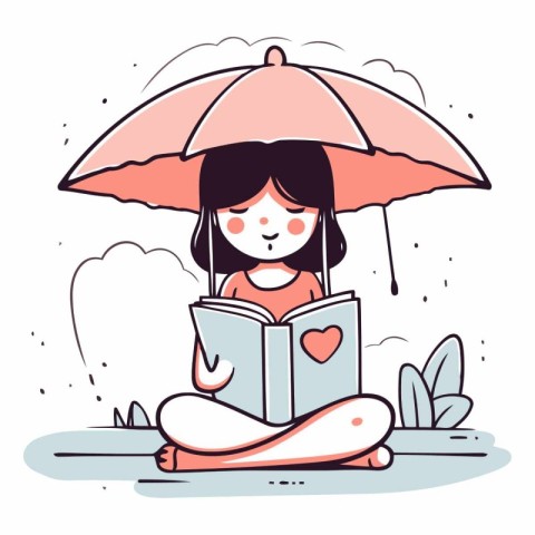 Cute little girl reading a book under an umbrella.