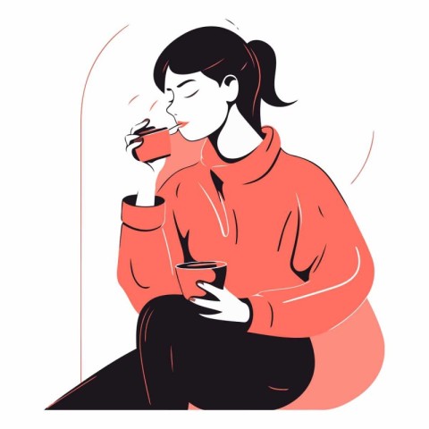 Young woman drinking coffee. Girl in a red hoodie