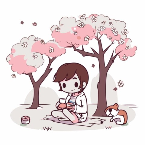 Cherry blossom with a girl sitting on the ground