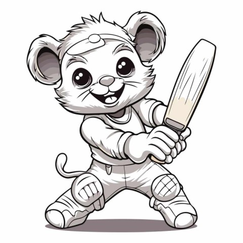 Cute cartoon mouse playing cricket isolated on white background.