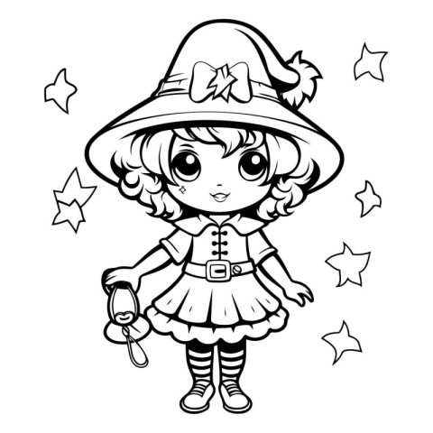 Black and White Cartoon Illustration of Cute Little Girl Witch C