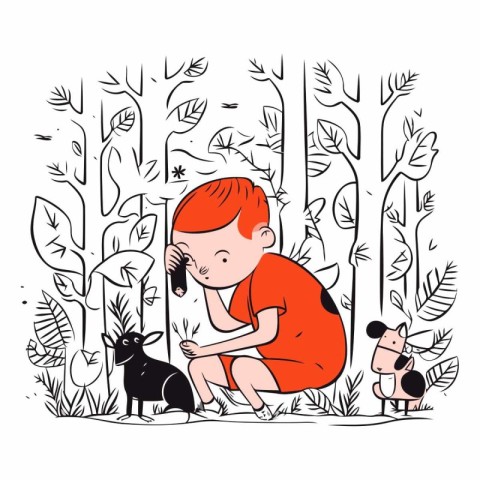 Boy with dog and cat in the forest in cartoon style.