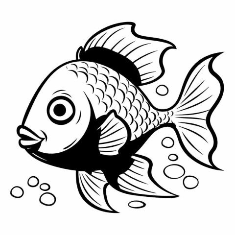 Black and White Cartoon Illustration of a Fish on a White Backgr