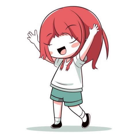 Little girl with red hair in a white T-shirt and shorts