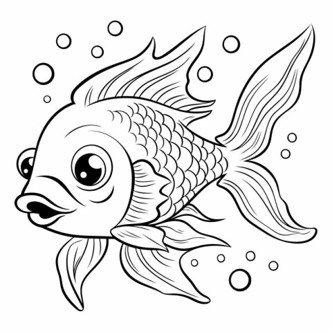 Black and White Cartoon Illustration of a Cute Fish Animal Chara