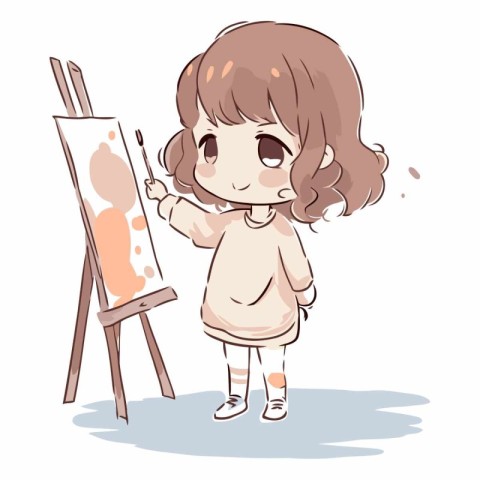 Illustration of a Cute Little Girl Drawing on an Easel