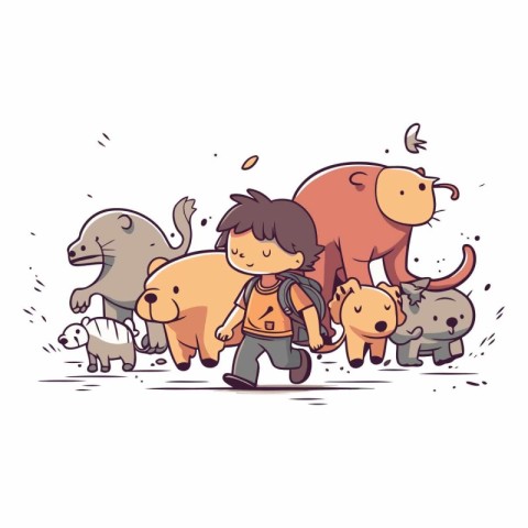 Cute little boy with a backpack walking with a group of animals.